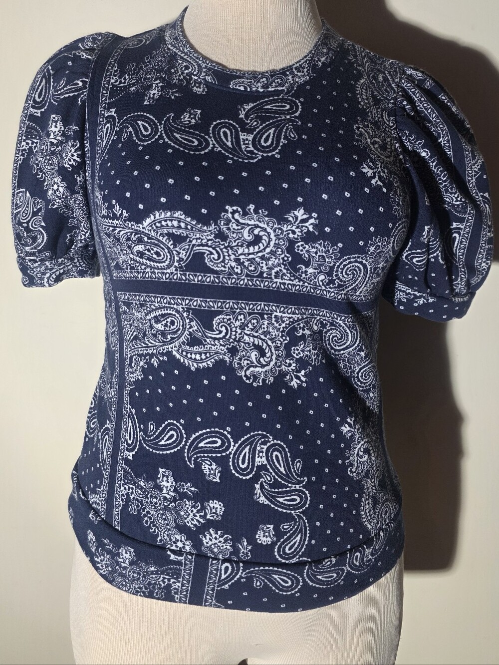 Ann Taylor Women's Navy Bandana Print Puff Sleeve Top (Size S)